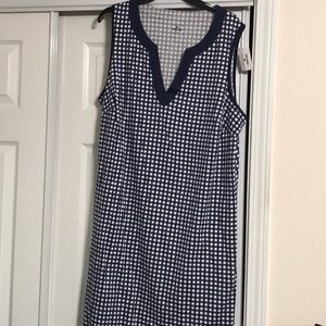 Blue and white checkered dress, sleeveless, knee length, new with tag, v neck.